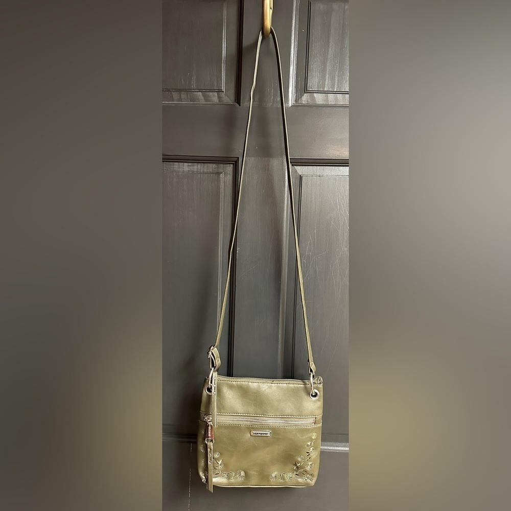 Rosetti Olive Tree Green Faux Leather Crossbody Bag Floral Embroidery Design